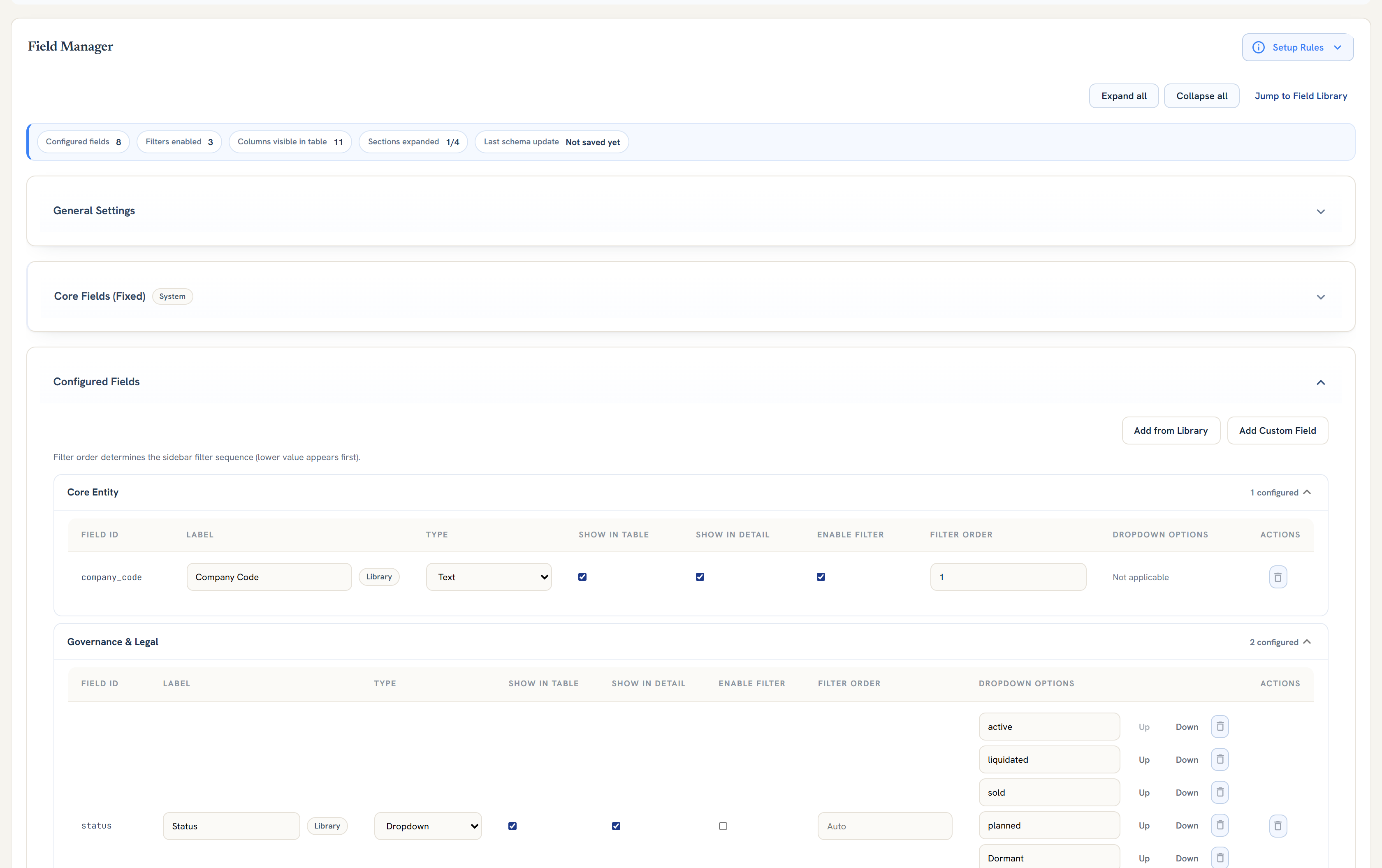Corpograph Setup — configurable field manager with per-field visibility, filters and dropdown options