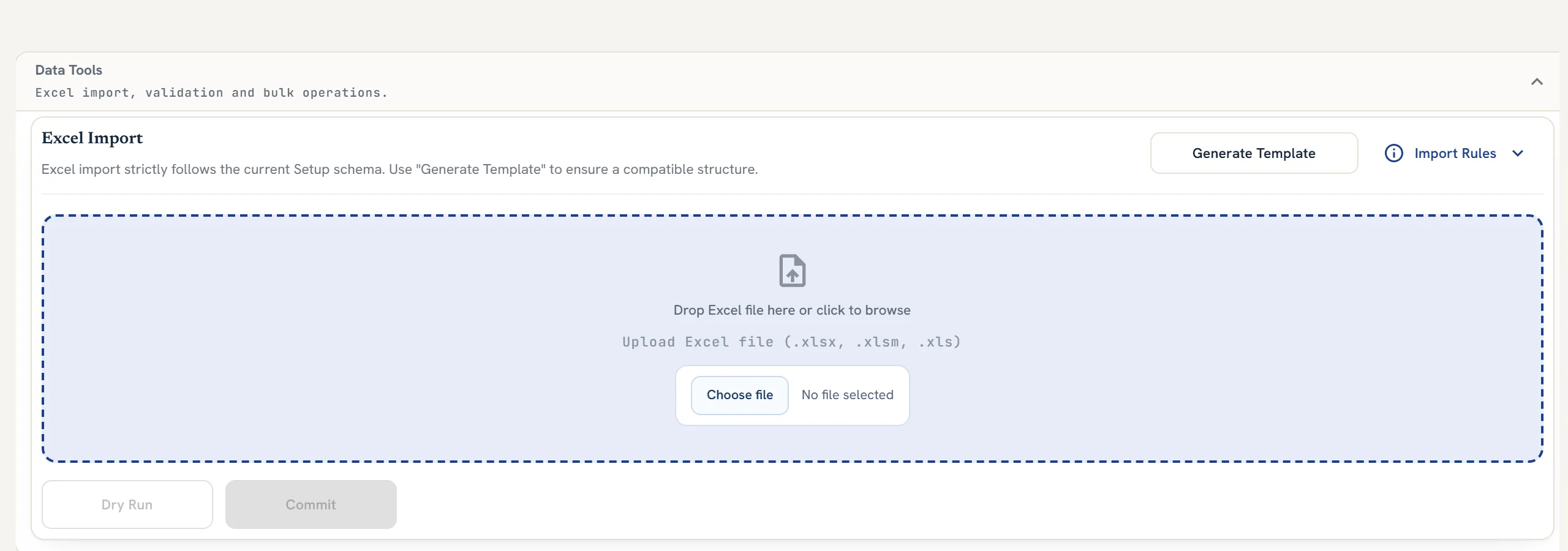Corpograph Excel import — validated bulk upload with template, dry-run and commit
