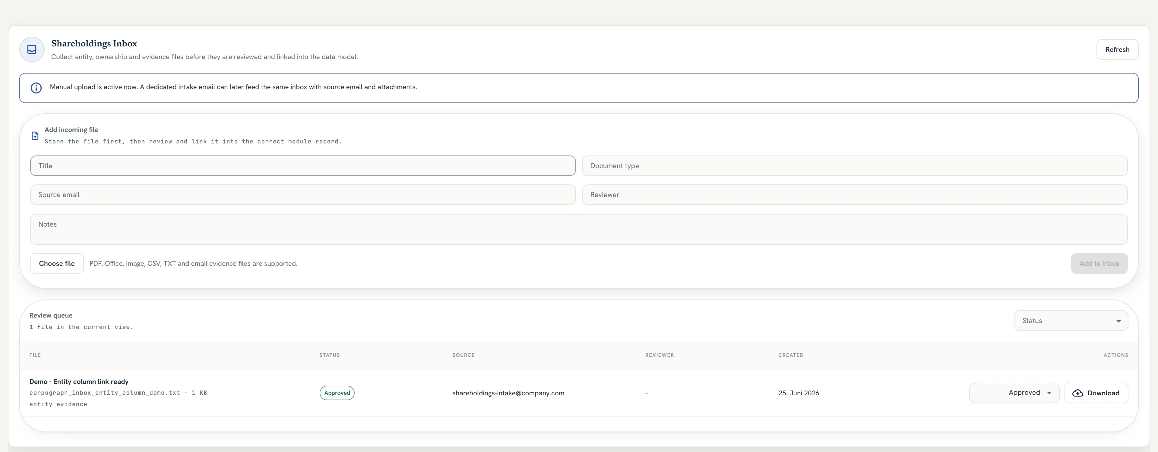 Corpograph module inbox — incoming files from upload or intake mailbox, reviewed in a queue and linked onto the right entity